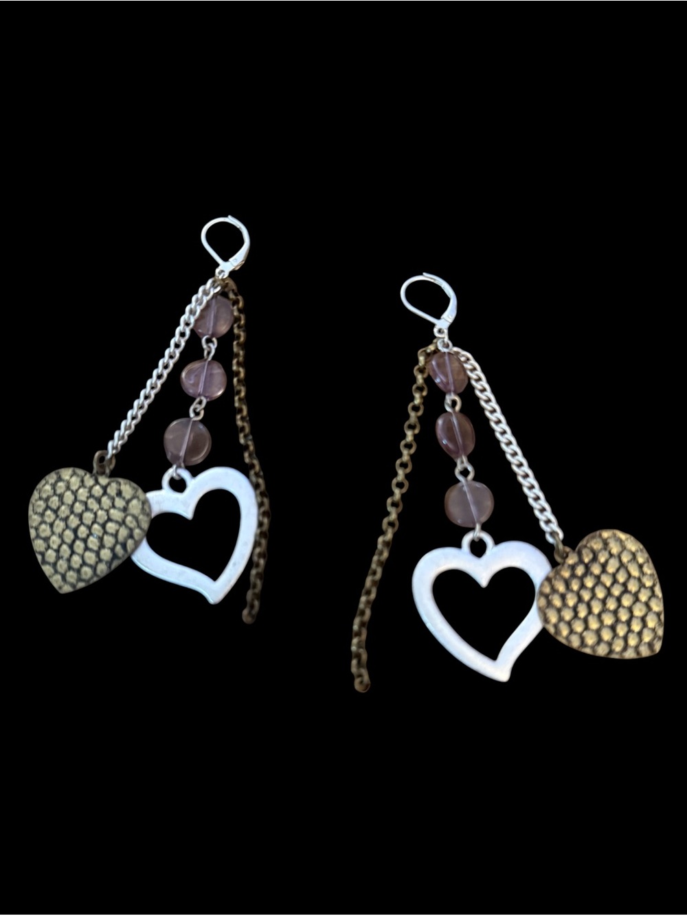 Boho mixed metal asymmetrical hearts dangle earrings